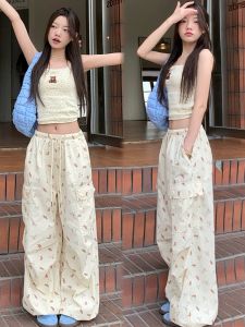 Quần Ống Rộng in Hình Gấu Thường Ngày Cho Nữ Mùa Hè 2024 Quần Dài Ống Đứng Rộng Rãi in Hoa Mới Dáng Rộng Dài Đến Sàn