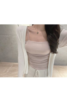 Pure Desire Nude Pink Pleated Waist-Cinching Womens Camisole Tank Top with Chest Pad Inner Wear Summer Outerwear