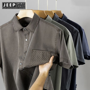 JEEP SPIRIT 1941 ESTD Mens Polo Tencel Shirt Loose Solid Color Fashion Casual Top Button Breathable Short Sleeve