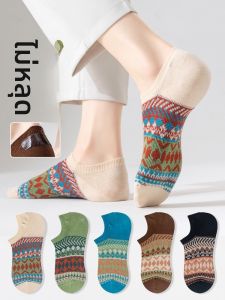 JINGCHI | ถุงเท้าแบบสวมลำลองสไตล์ชาติพันธุ์สำหรับผู้หญิง ถุงเท้าแบบลำลองบาง ป้องกันการลื่นไหล ถุงเท้าแบบสวมลำลองแบบมองไม่เห็น ถุงเท้าแบบสวมลำลองสำหรับฤดูร้อน