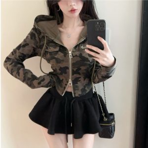GUZILIAN | Fashionable Short Camouflage Hoodie Womens Slim Fit Long Sleeve Zipper Cardigan Jacket Spring Autumn Retro Style Streetwear