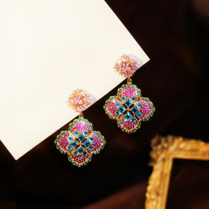 SEQUITO Vintage Four-leaf Colorful AAA Cubic Zirconia Women Drop Earrings Yellow Gold Plated Clothes Jewelry Engagement Gift SE1068