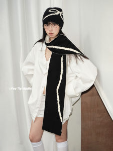 Feytiy Texture Soft Double-Sided Bows Scarf Toque Autumn and Winter Knitting Woolen Cap Heattech Scarf