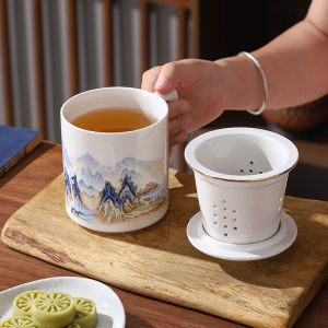 Chinese Style Ceramic Cup with Lid for Office Tea Brewing Separate Tea Water Personal Cup with Filter Net Tea Dividing Cup