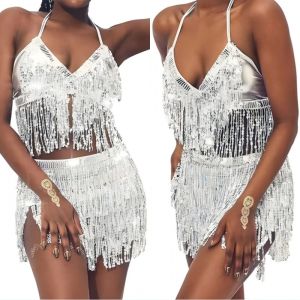 Bộ Trang Phục Biểu Diễn Hula Gợi Cảm Gồm Áo Crop Top Tua Rua Đính Sequin Kiểu Halter Không Lưng Kèm Chân Váy Và Dây Lưng Tua Rua.