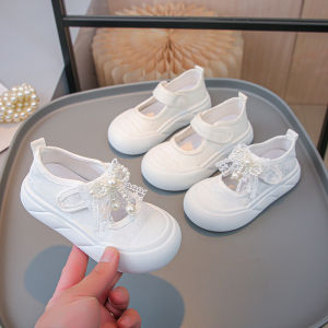 Spring Breathable Children Casual Canvas Shoes for Girls with Lace Bowtie Soft Sole Anti-slippery Toddler School Shoes White