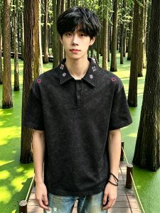 OUMULONG | Tie-dye Embroidered Short Sleeve Polo Tshirt for Men