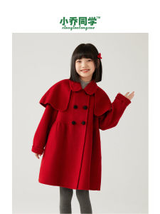 Autumn Winter Kids Double-Sided Cashmere Coat Medium-Length Girls Clothing Full Woolen Trousers Outerwear Woolen New Year Fashion Red