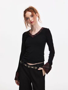 Bill Boom Original Design Long Sleeve Plaid Patchwork Womens Top Spring Outerwear Sweet And Spicy Style round Neck Cotton Blend