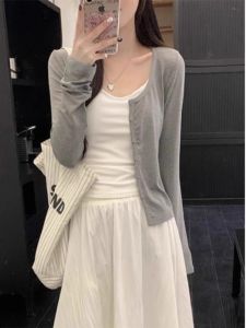 สลิมฟิต แขนยาวถักบางสีเทา คาร์ดิเกน เสื้อโค้ท ผู้หญิง Early ฤดูใบไม้ร่วง Lazy Feel Jacket หลากหลาย เรียบง่าย สไตล์