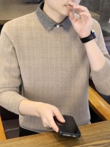 HENGYUANXIANG | Mens Faux Two-Piece Sweater Thickened Fleece Casual One-Piece Velvet Knitted Winter Fashion Streetwear Polyester Fiber Long Sleeve