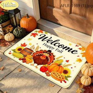 VIKAMA Fall Gnome Doormat Three Gnomes Pumpkin Sunflower Pinecone Welcome Mat Front Door Entryway Non Slip Rug Autumn Decor