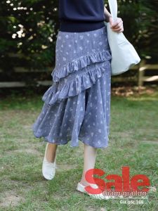 seemon | 2026 New Summer Korean Style Unique Elegant Asymmetrical Ruffle Blue Floral Skirt