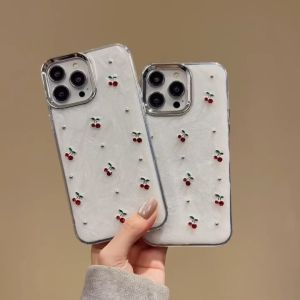 3D ฝังเชอร์รี่ Rhinestone สีขาวหยดกรณีสำหรับ iPhone 11 11Promax 12 12Pro 12Promax 13 13Pro 13Promax ปลอก14 14Pro 14Promax 15 15Pro 15Promax 14พลัส15บวกป้องกันการล่มสลายฮาร์ดกรณี