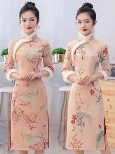 Fall and Winter Young Fleece-lined Heattech Wind Retro Elegant Elegance Modified Mid-Length Long Sleeve Cheongsam Dress