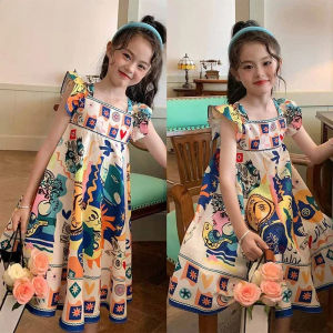 3-11 Year Old Childrens Casual Clothes Summer New Bohemian Style Square Neck Flying Sleeve Sun Print Dress for Girls Daily Wear