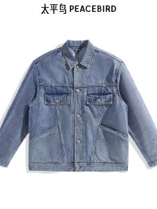 Peacebird Mens Spring Autumn Plaid Denim Jacket Collar Splicing Trendy B2Bje1Z01 Cotton Long Sleeve Pure Color Jeans Style