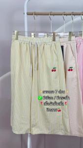 กางเกงลายริ้ว กางเเกงลายทาง เอวยางยืด ดีเทลปักลายการ์ตูน เนื้อผ้าไม่หนา ขา 7 ส่วน p72910#