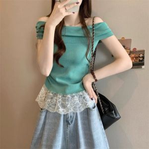 French Lace Splice Shoulder One Shoulder Womens Summer Slimming Beautiful Knitted Short Sleeve T-Shirt Korean Style Commute