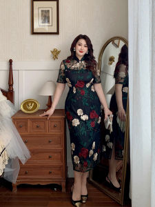 GLEC | Plus Size Republic of China Style Heavy Embroidery Lace Patchwork Qipao Dress