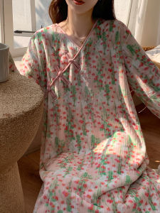 Thickened Coral Fleece Home Clothes V-neck Qipao Style Button Decorated Home Dress Womens Long Sleeve Mid-length Autumn Winter New Fashion