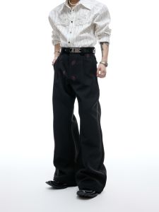 Heat Kissed Folded Red Lip Print Flared Pants High Rise Long Cotton Casual Trousers Fashionable Urban Style for Teenagers