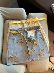 GUZILIAN | Korean Style High Waist Floral Print Belted Slimming Denim Mini Skirt Women Commute Fashion Sweetness A-Line Silhouette