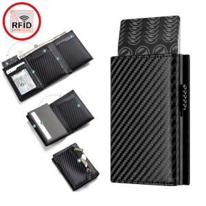 Carbon Fiber & Aluminum Mens Bifold Wallet RFID Blocking Automatic Pop-Up Card Holder with Coin Compartments Slim Money Purse