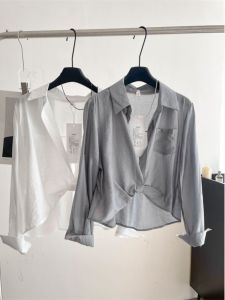 Summer Casual Long Sleeve Womens Shirt Fashionable Korean Style Commute Sun Protection Top Polyester Fiber Loose Fit Pure Color