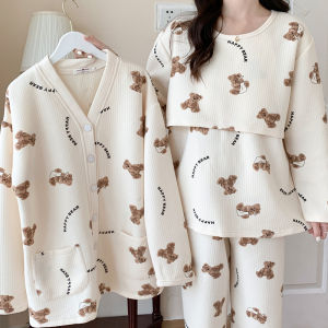 Spring and Autumn Pregnant Womens Pajamas Winter Thickened Air Cotton Postpartum Homewear Breastfeeding Three-Piece Set Confinement Clothing