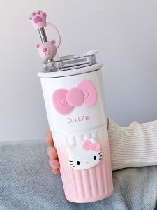 Adorable Hellokitty 316 Stainless Steel Insulated Coffee Cup with Straw Pink Girl Heart Water Cup Cute Daily Gift Universal Use