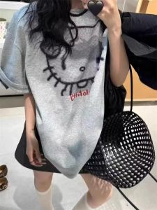 American Retro HelloKitty Cartoon Pure Cotton Short Sleeve Womens T-shirt plus Size Loose Lazy Hong Kong Style Top