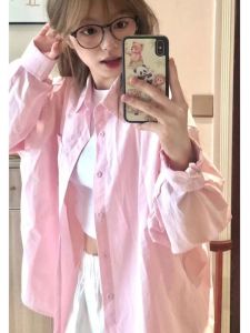 Casual Pure Cotton Long Sleeve Womens Shirt Pink Layering Base Shirt Autumn Fashion Inner Wear Polo Collar Regular Fit