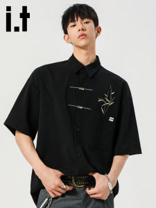 izzue | New Chinese Style Black Silk Breatheable Embroidered Mens Short Sleeve Shirt