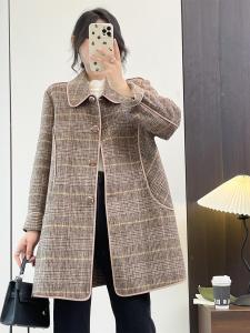Double-Sided Woolen Coat Autumn Collection Womens Long Plaid Light Maturity Style Single-Button Closure Commute Fashion