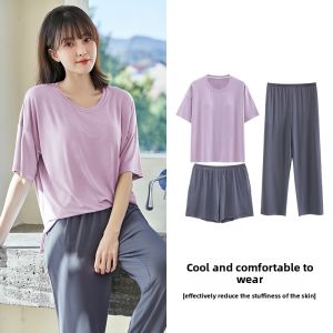 Miiow | Ice Silk Womens Sleepwear Set With Chest Pad Breathable Summer Home Clothes Short Sleeve Round Neck Comfortable Lightweight