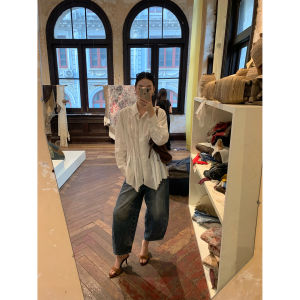 Gakee Official White Womens Shirt Early Autumn New Style Waist-Cinching Long Sleeve Ruffle Design Lenzing Eco-Viscose