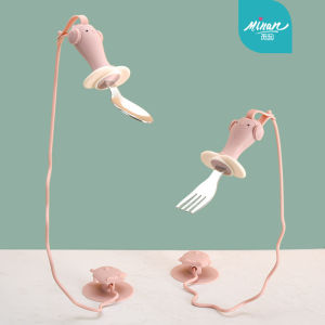 Stainless Steel Silicone Baby Spoon Fork Set Anti-Fall Toddler Feeding Short Spoon Fork Suction Cup Anti-Fall Chain Accessories