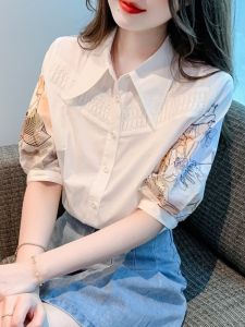WANGGONGZHU | Summer Floral Print Short Sleeve Shirt Womens Fashionable Elegant Design Unique Korean Style POLO Collar Button Up Loose Fit