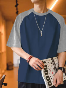 American Street Style Color Block Casual Cotton T-Shirt Mens Breathable Summer Short Sleeve Shoulder Insert T-Shirt