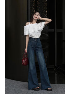 High Waist Wide Leg Denim Blue Cotton Pants for Women Ins Style Casual Versatile Loose Fit American Korean Hong Kong Feel