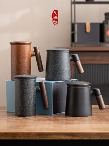 Large Capacity Ceramic Tea Cup with Lid for Office Use Couples Style Tea Brewing Cup Set Gift Box Engraving Chinese Style