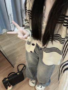 Early Autumn Korean Style Black and White Stripes Outer Sweater Knitting Outwear Lazy Spring and Autumn Comfortable Feeling Loose Cardigan Women