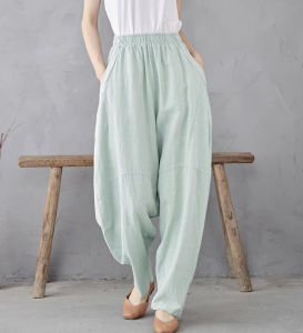 Womens Loose High Waist Lantern Pants Autumn Cotton Linen Drapey Style Harajuku Carrot Pants Casual Wide Leg Trousers