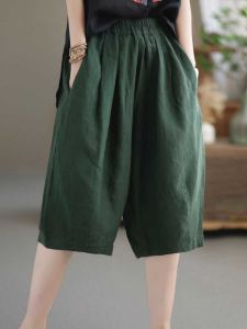 Cotton Linen Wide Leg Short Pants Women Summer New Thin Semi Elastic High Waist Loose Slimming Casual Five Parts Pants