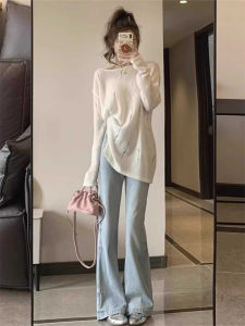 Quần Jeans Ống Loe Màu Xanh Nhạt Cho Nữ Quần Dài Ôm Dáng Mùa Xuân Thu Mới Quần Dài Thường Ngày Không Dính Dài Đến Sàn