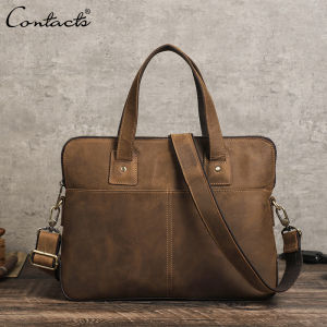 CONTACTS Genuine Leather Men Briefcase Vintage Laptop Handbag Casual Shoulder Bag Large Capacity Business Bag for Macbook 15.6