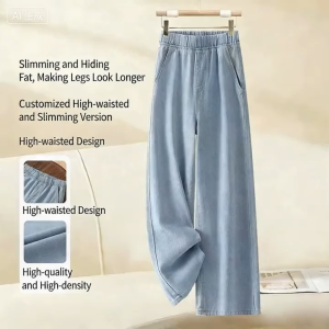 Womens Jeans Light Blue Wide Leg Elastic Waist High Waist Slimming Denim Fabric Loose Fit Drape