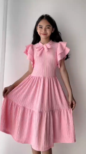LC Jessy Ruffle Midi Dress for Kids Fashionable Classy Elegant Ribbon Casual Formal OOTD Dress Ages 8 to 12 Year Old Stretchable Bark Crepe Fabric Unique Stylish Design