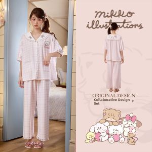 GONGDIE | Cooling Type Lace Trim Modal Cotton Short Sleeve and Long Pants Sleepwear